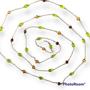 Super long necklace, fauz topaz, peridot, and garnet tones